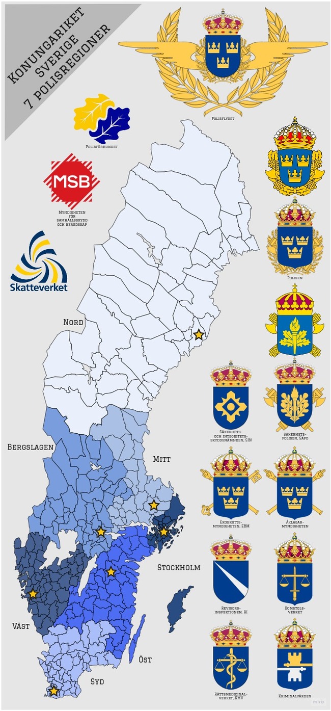 Police-administrative division of Sweden. - My, Sweden, Police, Insignia, Shoulder straps, Regions, State institution, Control, Rank, Longpost, Coat of arms, Power structures, Justice, Cards