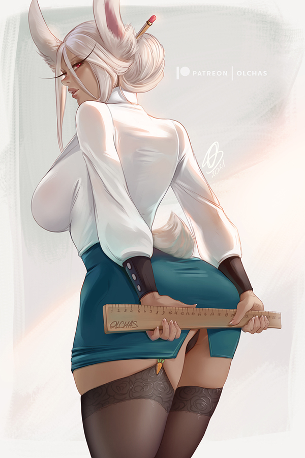 Teacher Miruko - NSFW, Арт, Аниме, Anime Art, Boku no Hero Academia, Miruko, Девушки, Эротика, Рисованная эротика, , Нижнее белье, Чулки, Попа, Сиськи, Под юбкой, Вид сзади, Bunny Ears, Bunny tail, Линейка, Olchas