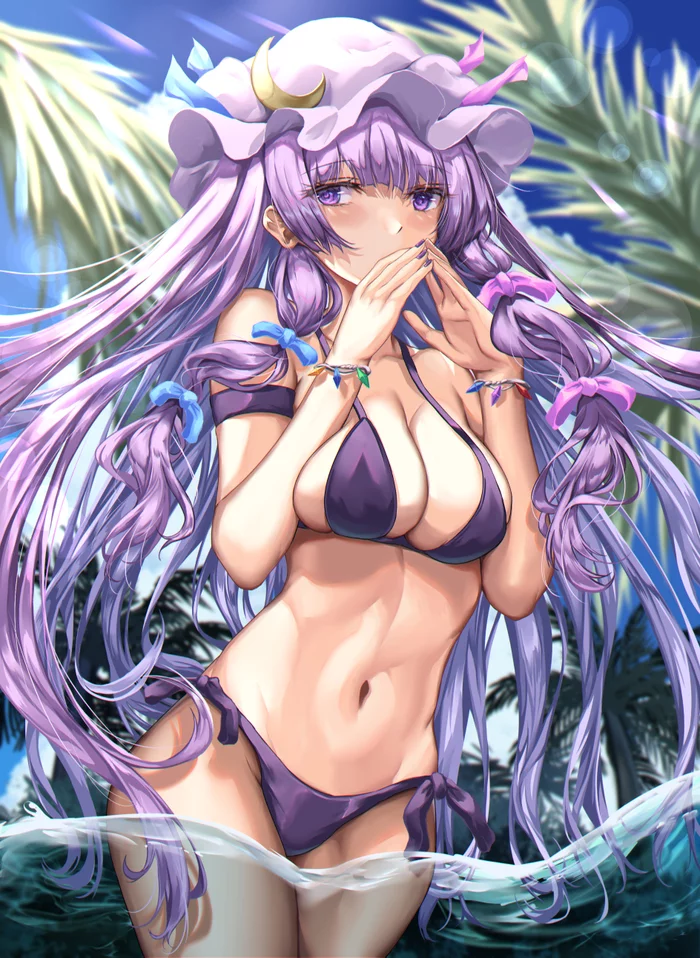 Patchouli Knowledge - NSFW, Touhou, Patchouli Knowledge, Anime Art, Аниме, Kaeranu kaeru, Купальник, Сиськи, Рисованная эротика, , Эротика