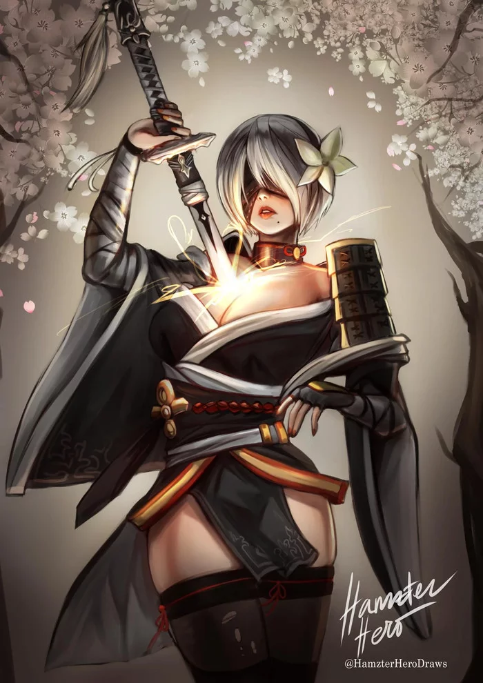 Nier and Genshin - Genshin impact, NIER Automata, Yorha unit No 2 type B, Yorha unit No 2 type a, Raiden shogun, Kujou Sara, Anime art, Art, , Games, Longpost