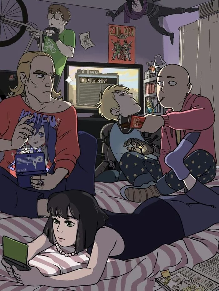 A typical day at Saitama's apartment - Anime art, Anime, Saitama, Genos, Fubuki, Kinguin, Onsoku no Sonikku