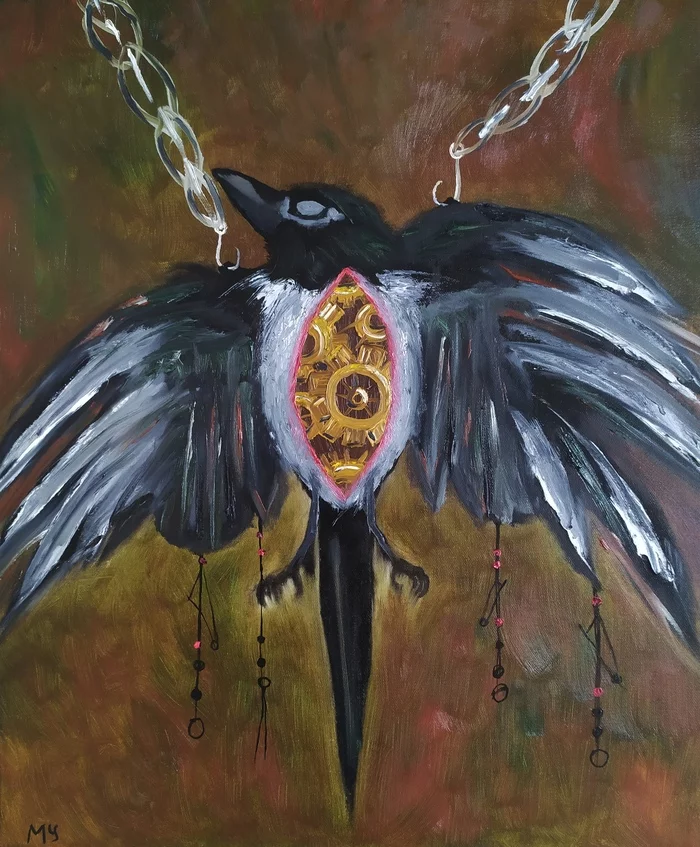 Mechanism - My, Painting, Oil painting, Magpie, Crow, Birds, Mechanism, Artist, Chain