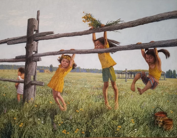 Dandelions. Three Graces. 2002 - Painting, Art, Children, Summer, Dandelion, Yakutia, Field