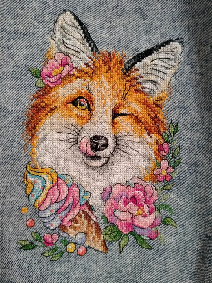 I have done more - My, Jacket, Fox, Cross-stitch, Needlework without process, Denim, Longpost