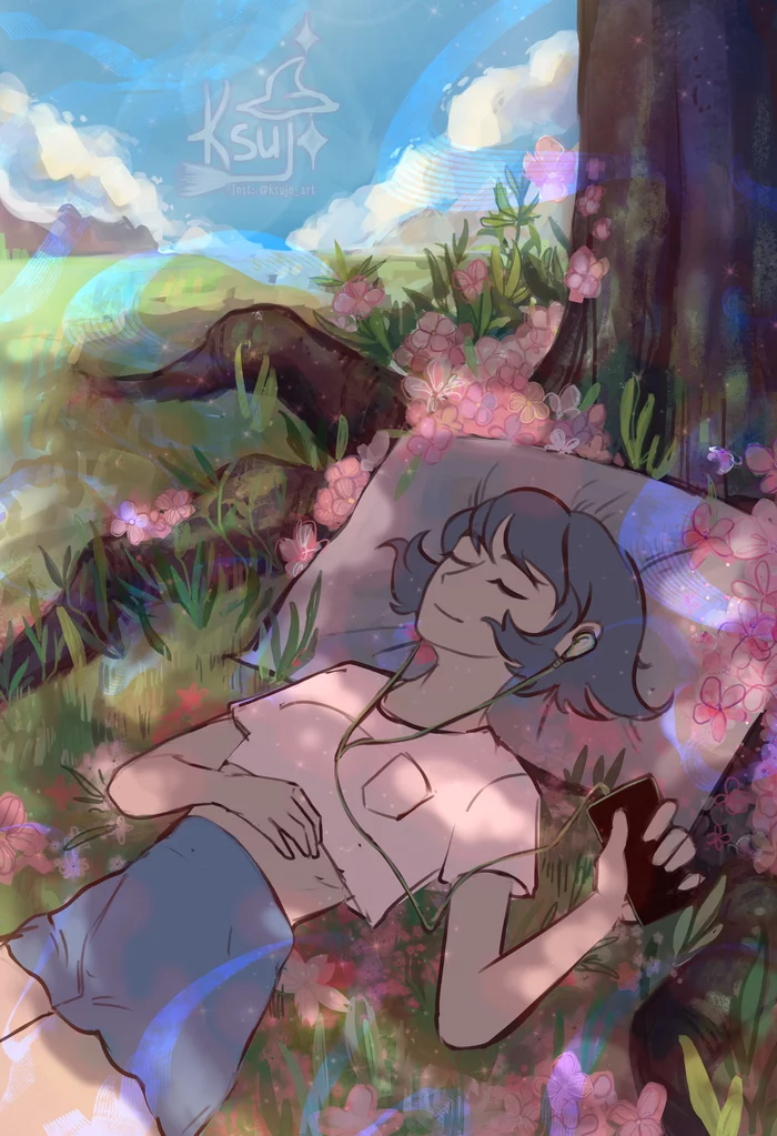 Cozy place - My, Art, Magic, Anime art, Anime original, Cosiness, Music, Flowers, Digital drawing