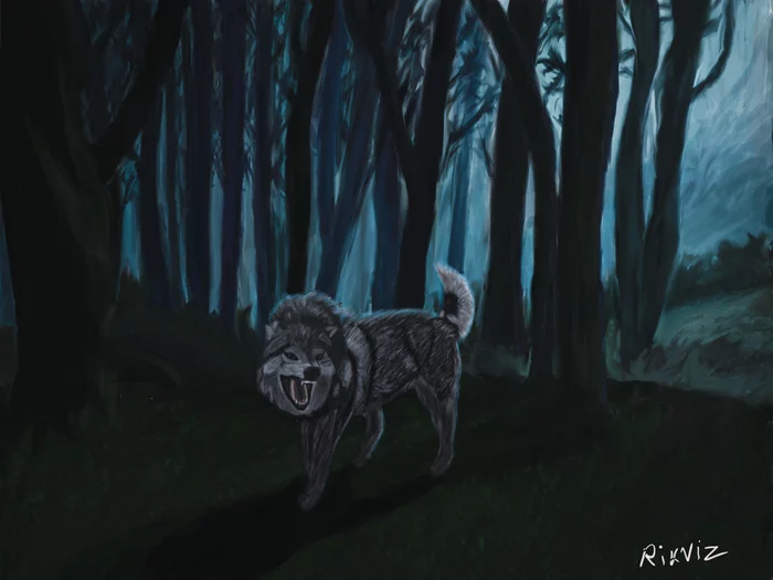 Wolf in the dark forest (Rikviz) - My, Art, Photoshop, Drawing, Digital drawing, Creation, Wolf, Forest