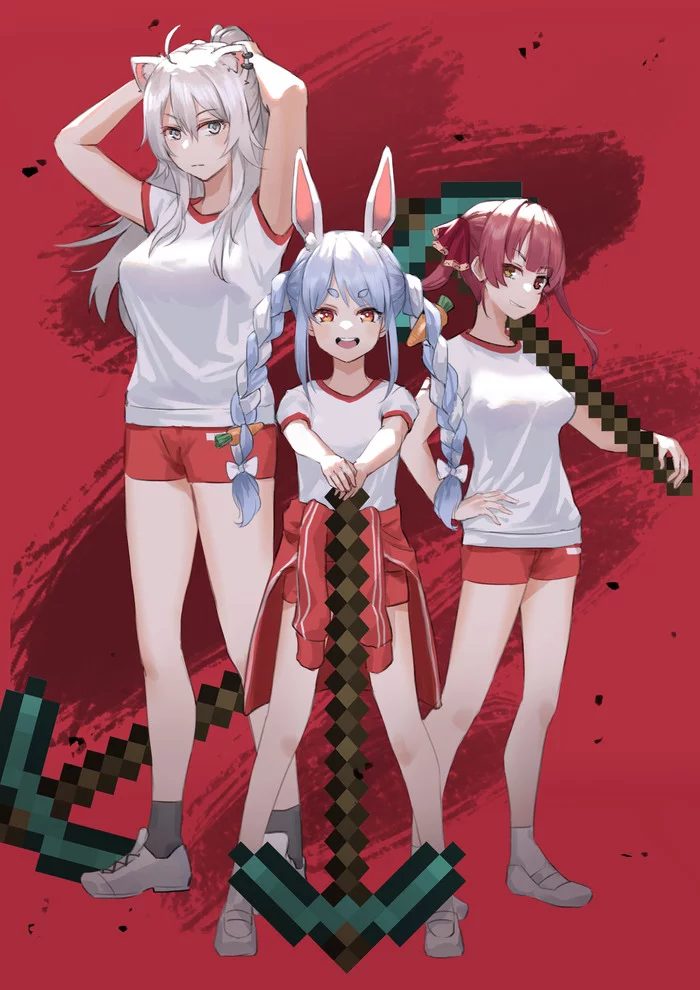 Hololive trio - Anime, Anime art, Hololive, Minecraft, Crossover, Virtual youtuber, Shishiro botan, Usada pekora, , Houshou marine, Animal ears