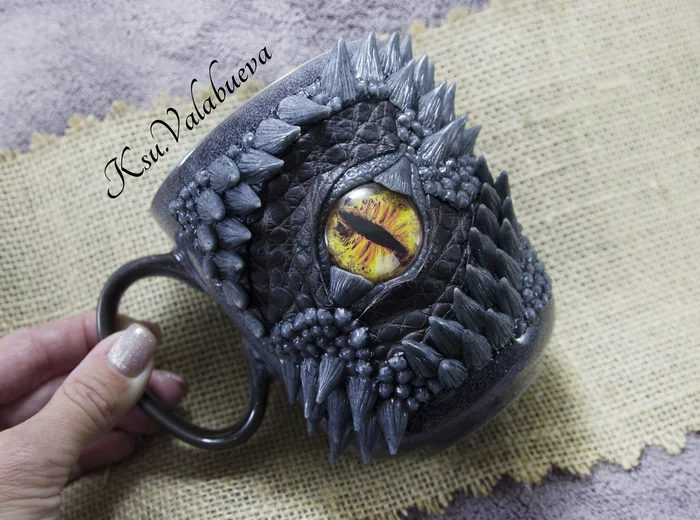 Eye of the Dragon - My, Polymer clay, Crocodiles, Leather, Natural leather, Mug with decor, Handmade, The Dragon