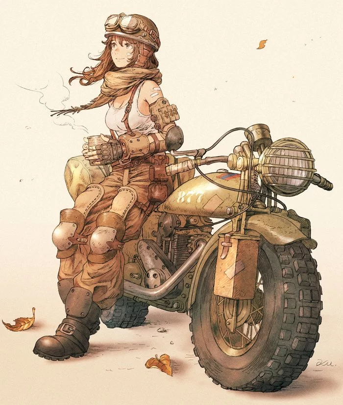 Morning and a cup of tea - Drawing, Girls, Motorcyclists, Tea, Autumn, Kuroimori, Art