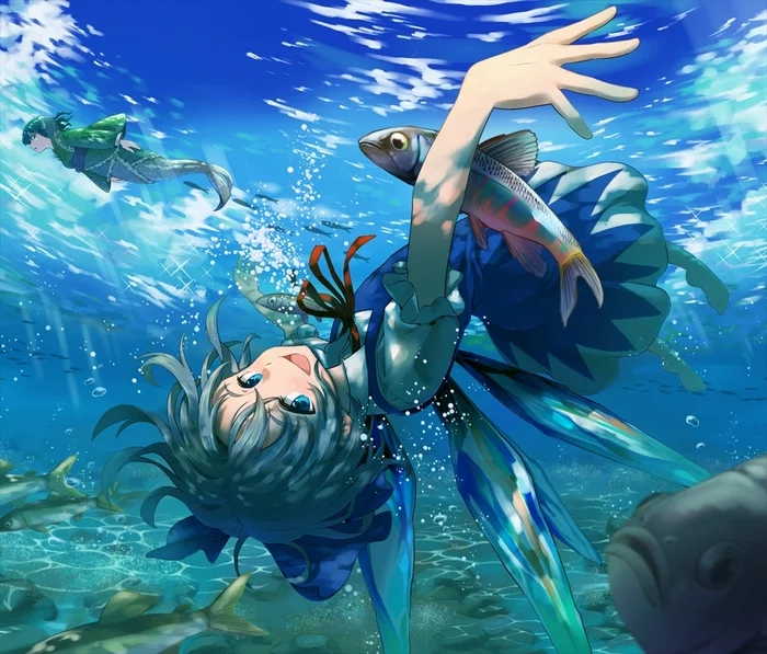 Summer Sirna - Touhou, Cirno, Wakasagihime, Anime art, Anime, Games, Under the water