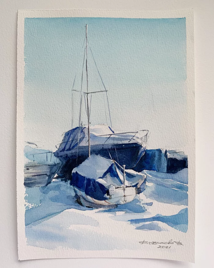 Snow covered yachts - My, Watercolor, Drawing, Artist, Yachting, Yacht