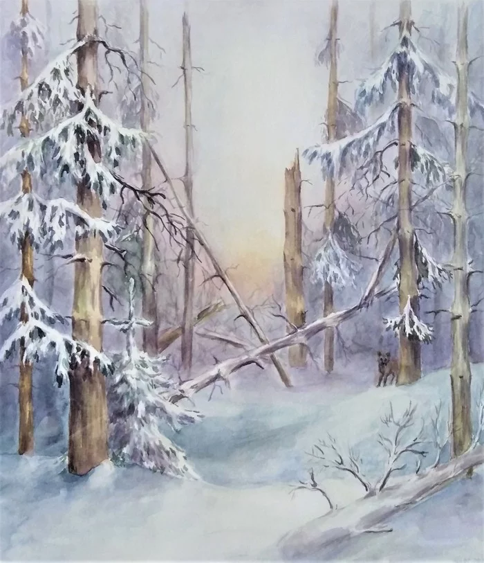 Winter in the forest - My, Painting, Watercolor, Landscape, Christmas trees, Painting