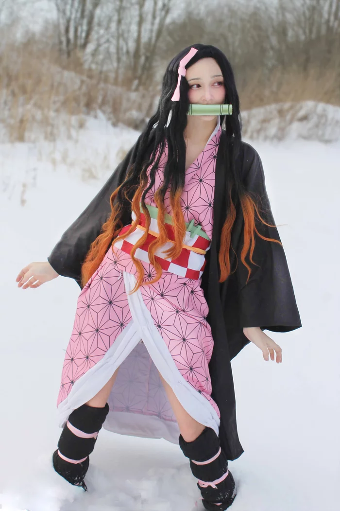 I want to share my winter cosplay on Nezuko) - My, Cosplay, Anime, The photo, Longpost, Kimetsu no yaiba, Nezuko Kamado