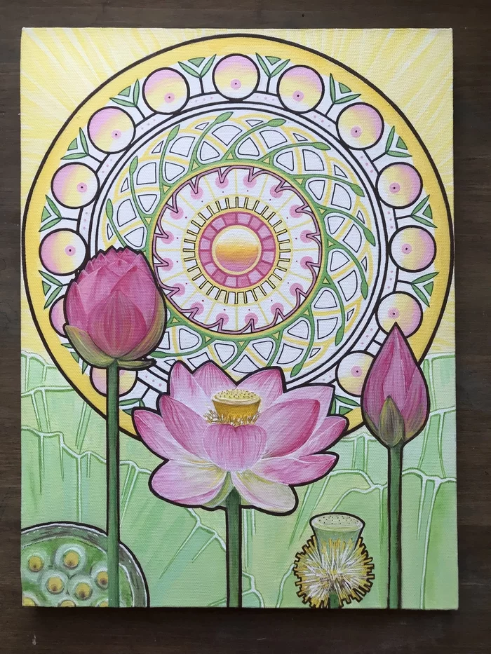 sun behind the lotus - Acrylic, Painting, Drawing, Lotus, Canvas, Video, Longpost, My