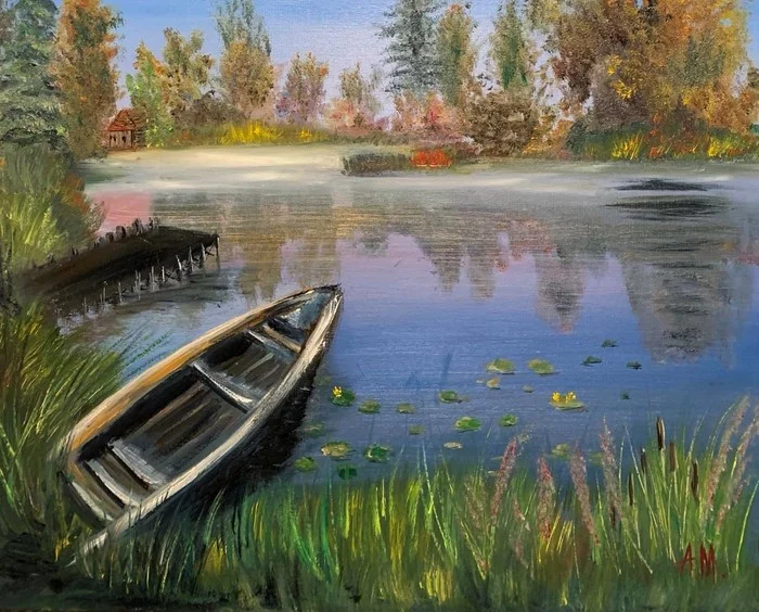 On that pond... - My, Creation, Painting, Drawing, A boat, Pond, Gangway, Autumn