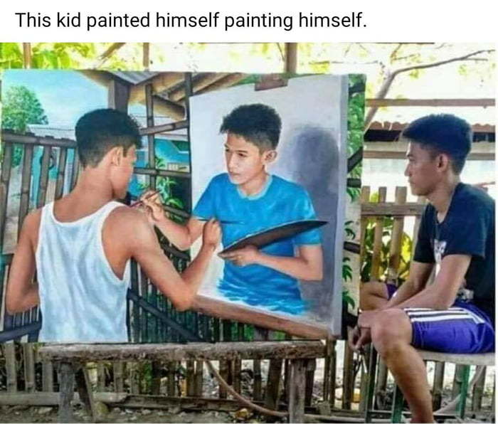 The guy painted himself in the picture, painting himself - Self-portrait, The photo, Recursion, Painting