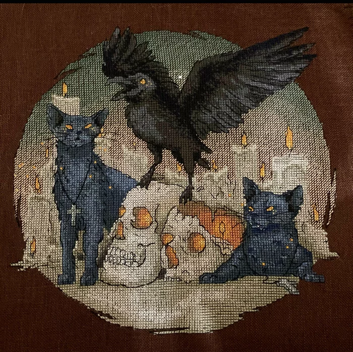 Dark Mystery - My, Embroidery, Cross-stitch, Halloween, cat, Crow, Design