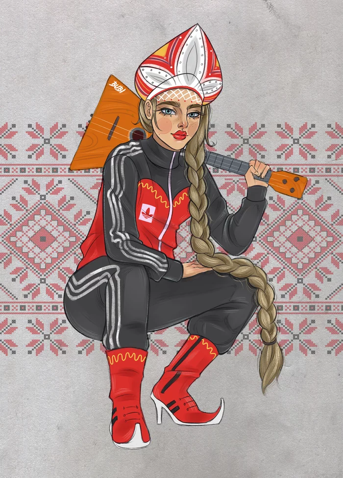 A real Russian girl through the eyes of a foreigner - My, Drawing, Digital drawing, Russia, Balalaika, Vodka bears balalaika, Stereotypes, Girls, Adidas