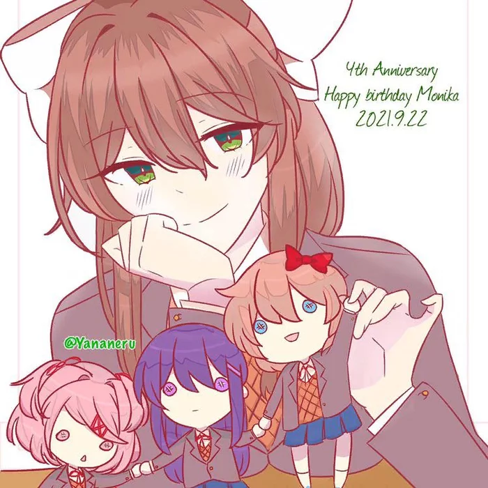 Yesterday was Monica and DDLC's birthday - Doki Doki Literature Club, Monika, Sayori, Natsuki, Yuri DDLC, Anime art, Anime, Visual novel, Longpost