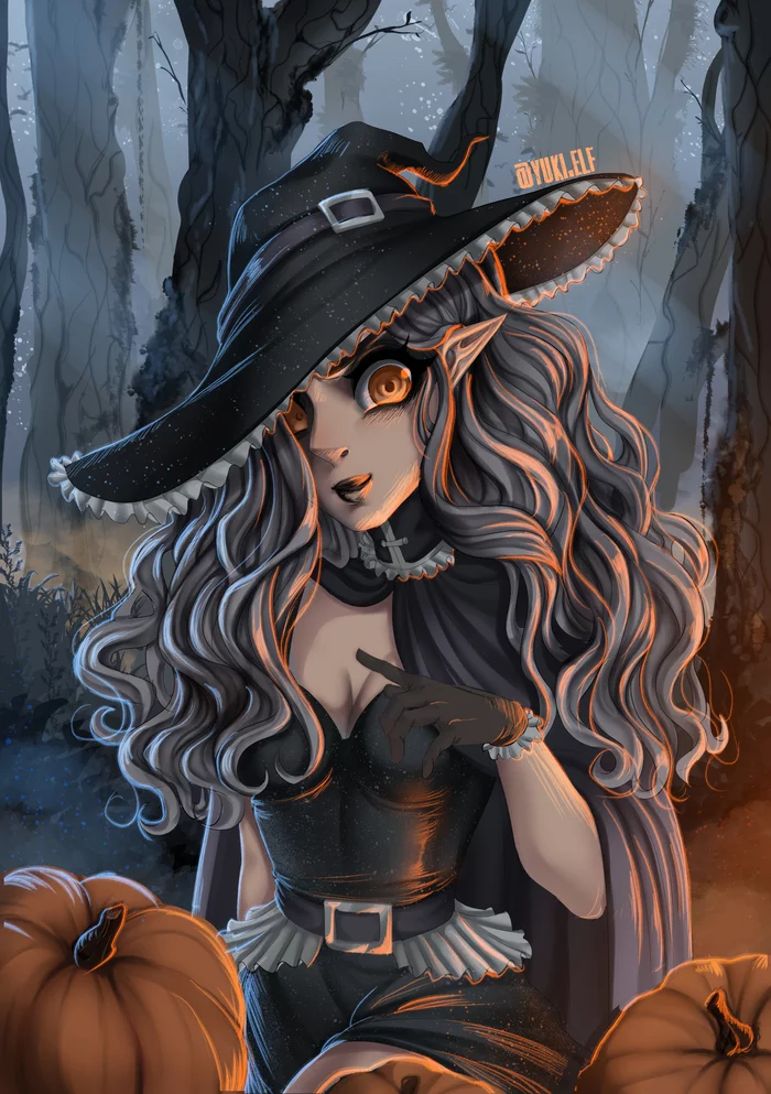 witch with pumpkins - My, Anime, Pumpkin, Halloween, Witches, Art, Drawing, Illustrations