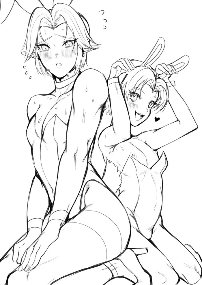 Sketches: Link and Shimakadze-kun - NSFW, Anime art, Link, Femboy, Crossdressing, Shimakaze, Lime and Kiwi, Twink, Bunnysuit, , Choker, Longpost