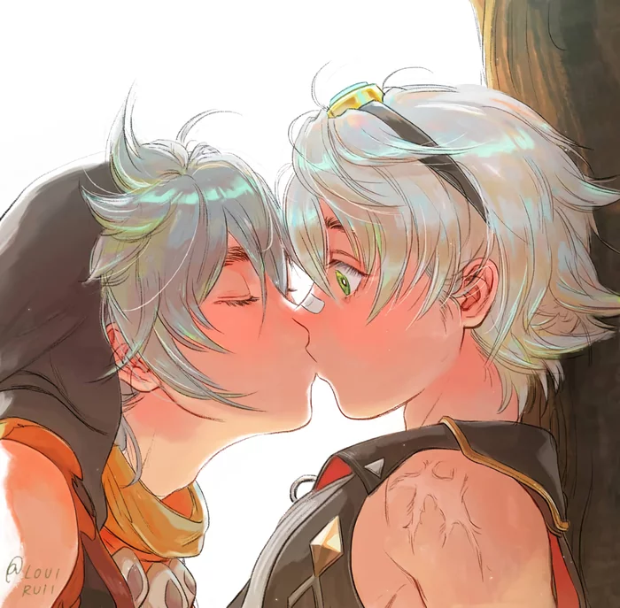Rannett - Lime and Kiwi, Genshin impact, Razor, Bennett, Shipping, Gays, Yaoi, Anime art, , Games, Kiss