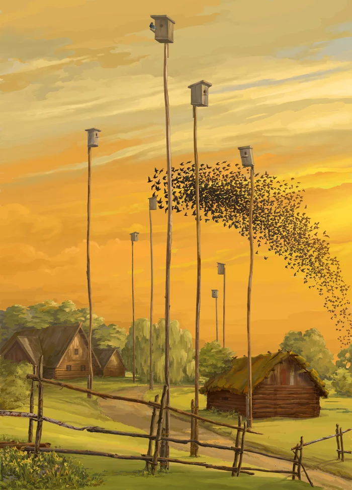 Starlings arrived in the evening - My, Computer graphics, Landscape