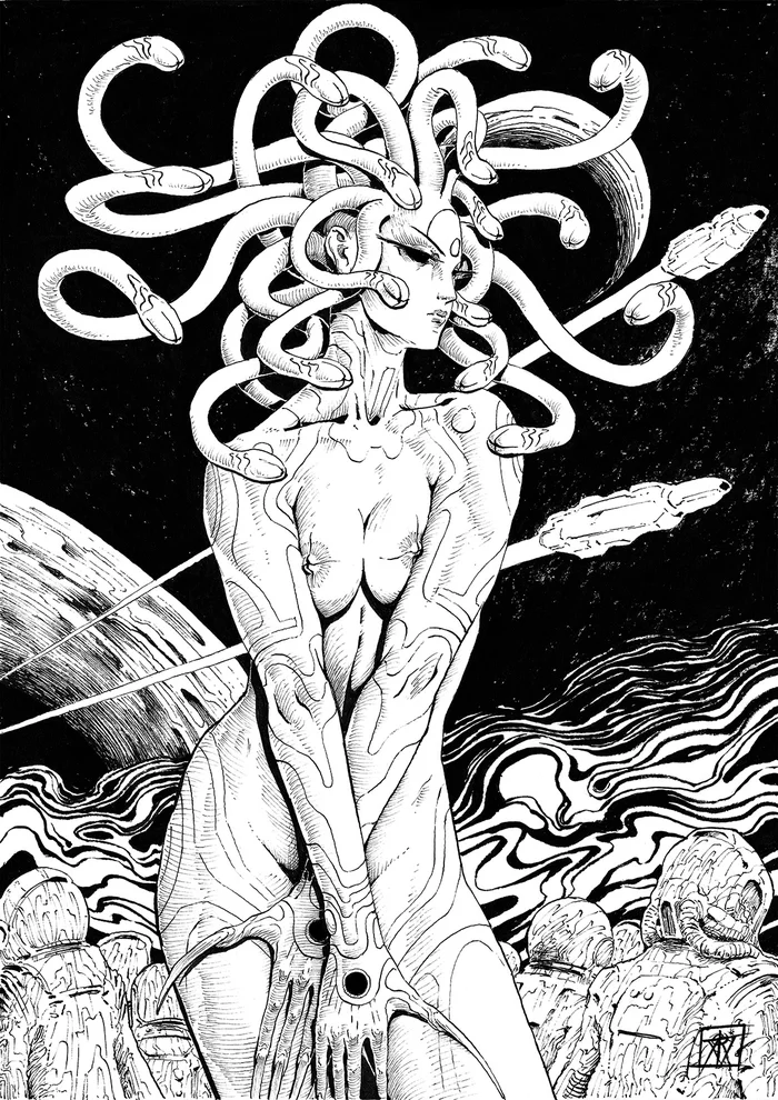 Space Medusa - NSFW, Drawing, Fantasy, Ancient greek mythology, Medusa Gorgon, Космонавты, Space, Girls, Erotic, , Art