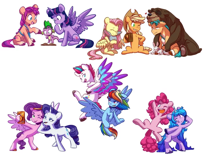 Meeting of generations - My little pony, MLP g5, PonyArt, Sunny starscout, Izzy Moonbow, Hitch trailblazer, Pipp petals, Zipp storm, , Mane 6, Spike, Doodle-Mark