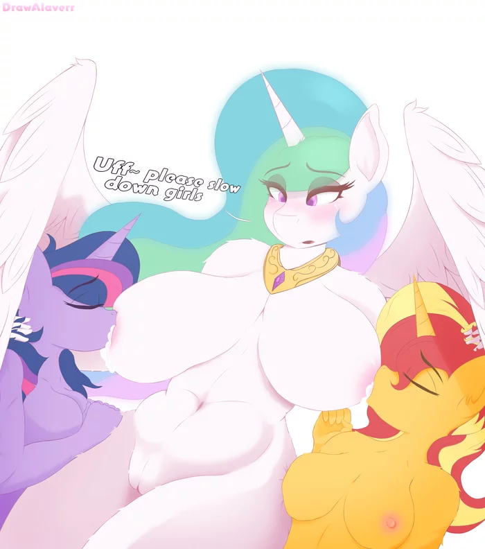 Royal milk... - NSFW, My Little Pony, MLP Explicit, MLP Lesbian, Антро, Princess Celestia, Twilight sparkle, Sunset Shimmer, Лактация