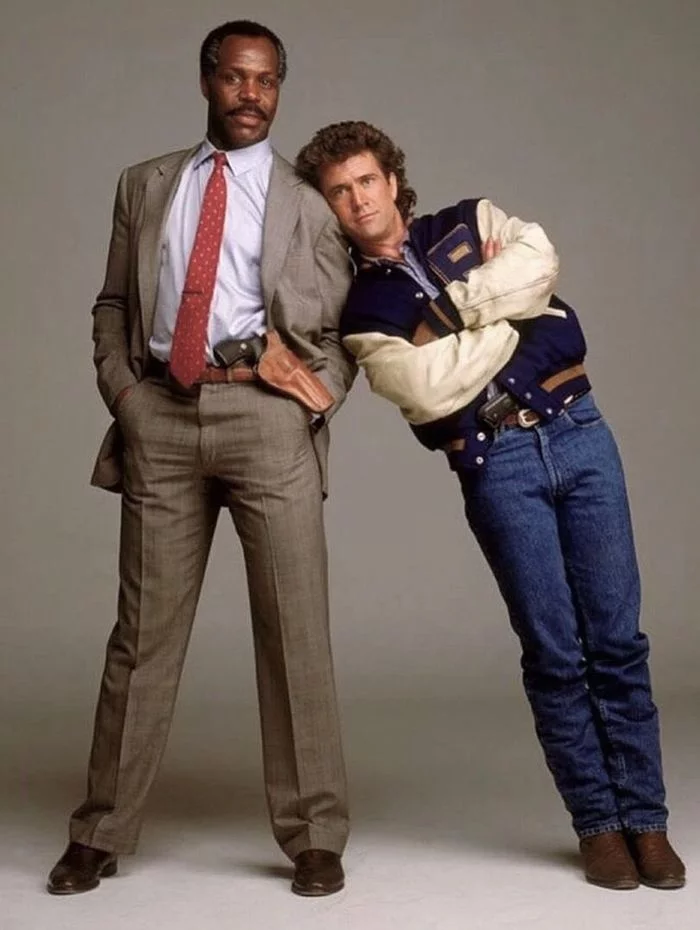 Danny Glover and Mel Gibson in a promo for Lethal Weapon 2, 1989 - Lethal Weapon Movie, Danny Glover, Mel Gibson, Actors and actresses