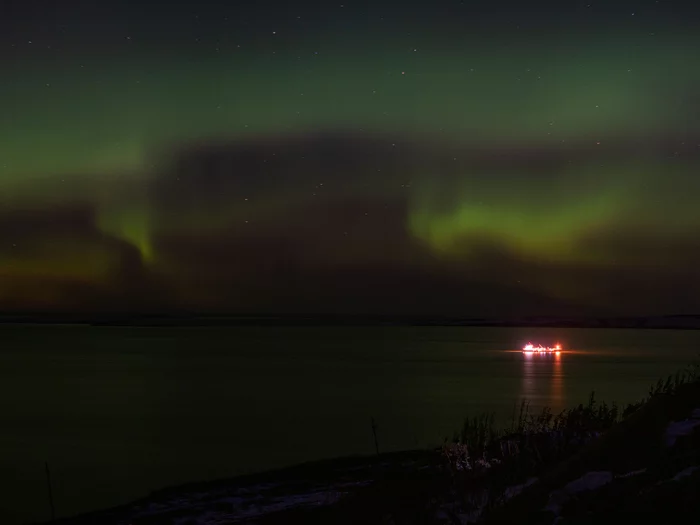 northern Lights - My, North, Polar Lights, Ship, Night, The photo, Olympus, Anadyr, Chukotka