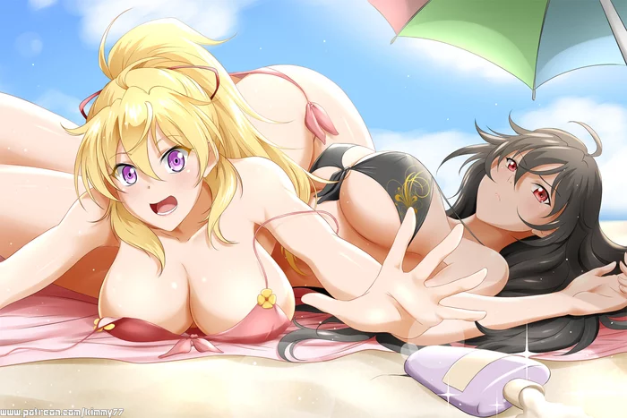 Мама с дочкой - NSFW, RWBY, Anime Art, Kimmy77, Арт, Аниме, Панцу, Грудь, Yang Xiao Long, , Пляж, Raven Branwen