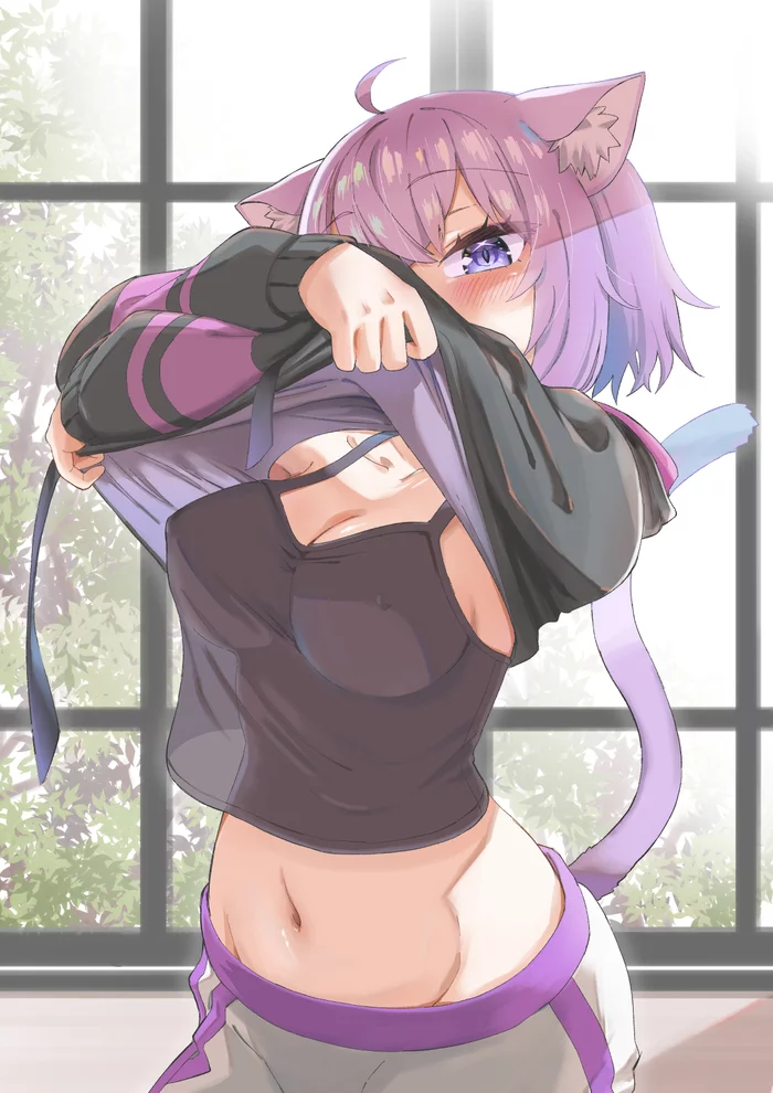 Nekomata changes clothes - NSFW, Anime, Anime art, Virtual youtuber, Nekomata Okayu, Hololive, Animal ears, Hand-drawn erotica, Breast, , Boobs