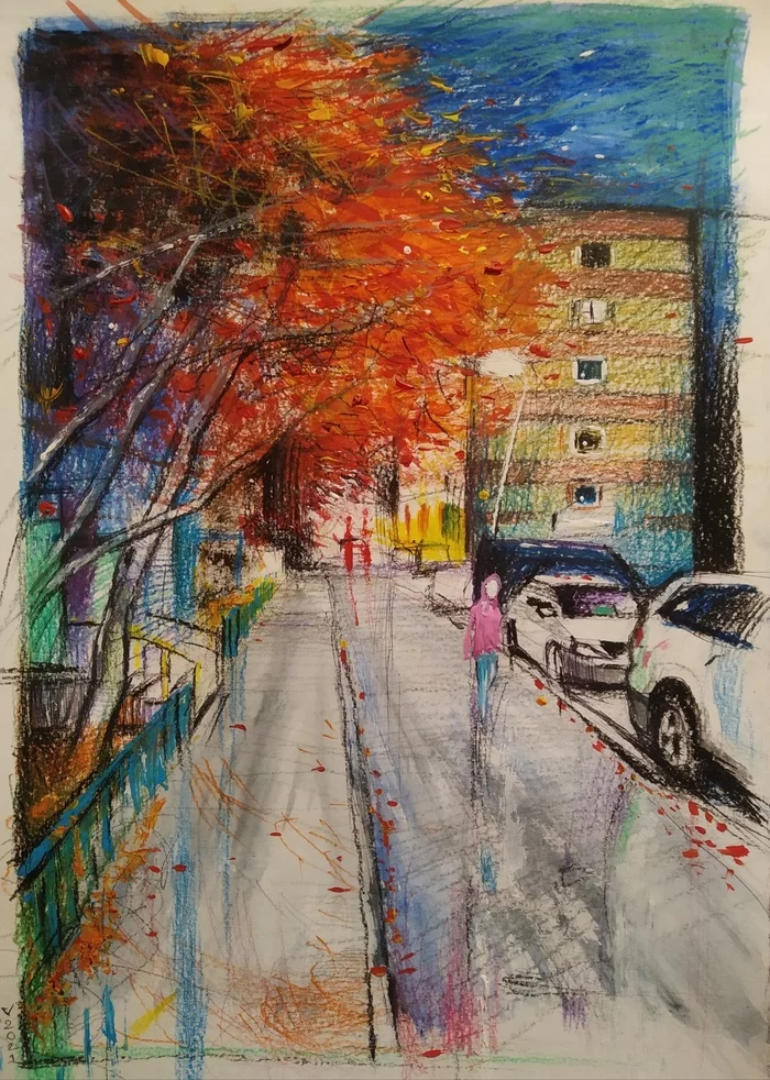 Severomorsk - My, Drawing, Graphics, Creation, Severomorsk, The street, Sketch, Town, Autumn