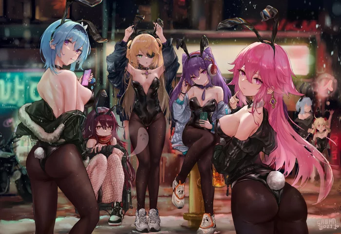 Bunny girls - NSFW, Genshin impact, Eula (Genshin Impact), Hu Tao, Fischl, Keqing, , Klee, Games, , Art, Girls, Bunnysuit, Anime, Anime art, Booty, Boobs