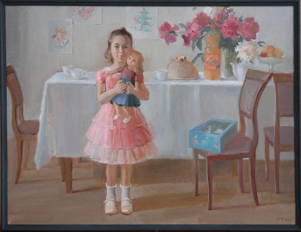 Painting Masha the birthday girl - My, Portrait, Painting, Painting, Butter, Realism, Art, Art, Girl, , Doll, Peonies, Interior, Holidays, Children