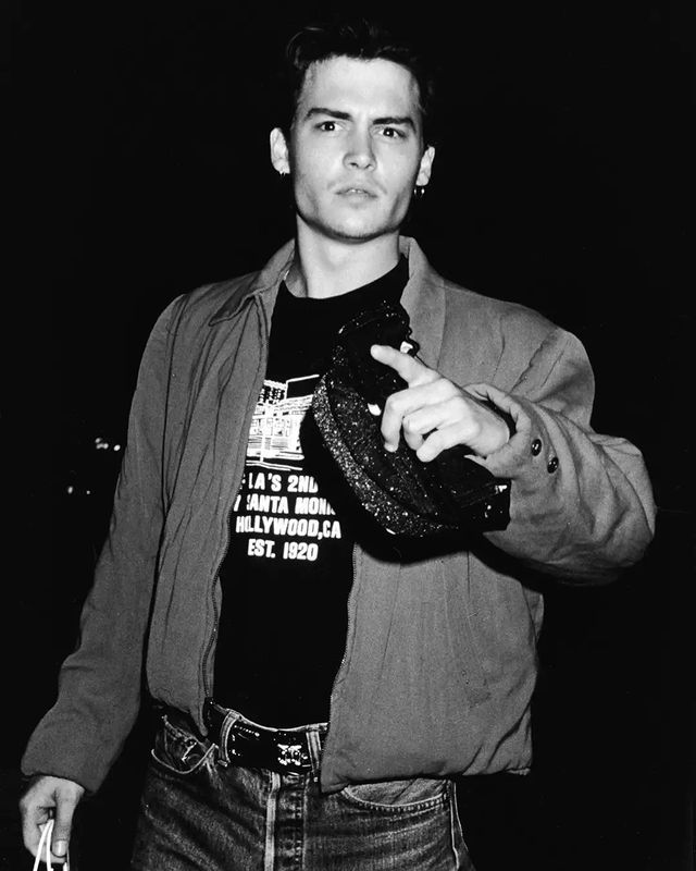 Johnny, with a woman's handbag in his hands, in the lens of the paparazzi - Johnny Depp, The photo, Actors and actresses, Celebrities, Black and white photo, Old photo, Paparazzi, Сумка