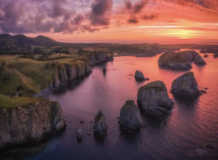 Shikotan Island, Russia - Sakhalin Region, Shikotan, Landscape, Travel across Russia, Kurile Islands, dawn, Aerial photography