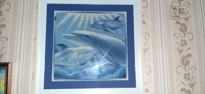 Under water. - My, Cross-stitch, Underwater world, Dolphin, Needlework without process, Mood color blue