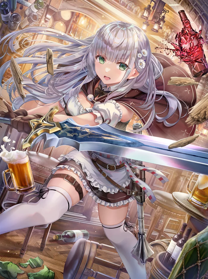 Brawl at the bar - Anime, Anime art, Hololive, Shirogane noel, Virtual youtuber, Stockings, Torino akua