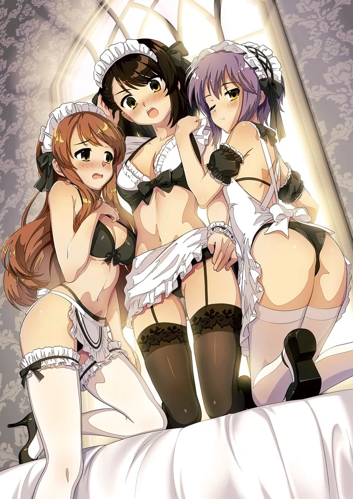 Bikini maid - NSFW, Anime, Anime art, Suzumiya Haruhi no Yuuutsu, Suzumiya haruhi, Nagato Yuki, Asahina mikuru, Housemaid, Bikini, , Hand-drawn erotica