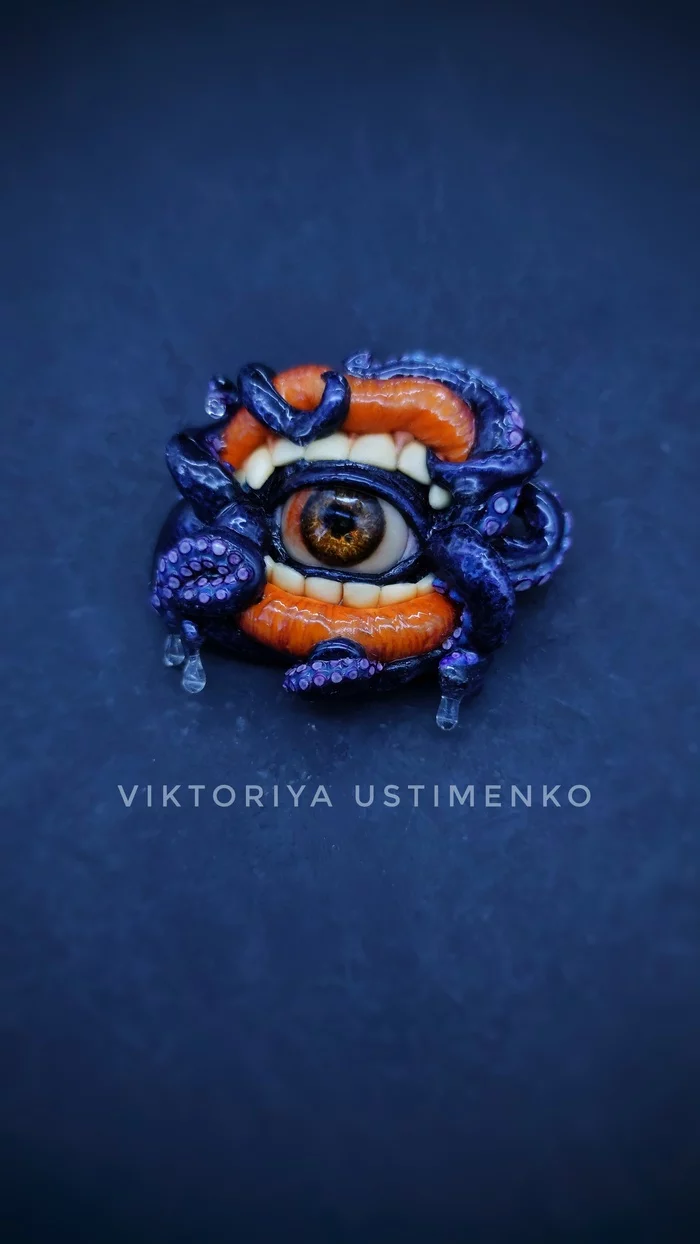 Brooch Look what's inside - My, Polymer clay, Needlework without process, Lips, Brooch, Kripota, Eyes, Video, Longpost