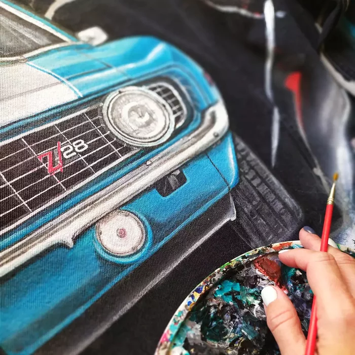 Jeans with hand-painted. - My, Chevrolet camaro, Chevrolet, Auto, Motorists, Car, Handmade, With your own hands, Retro, , Retro car, Painting on fabric, Drawing, Longpost