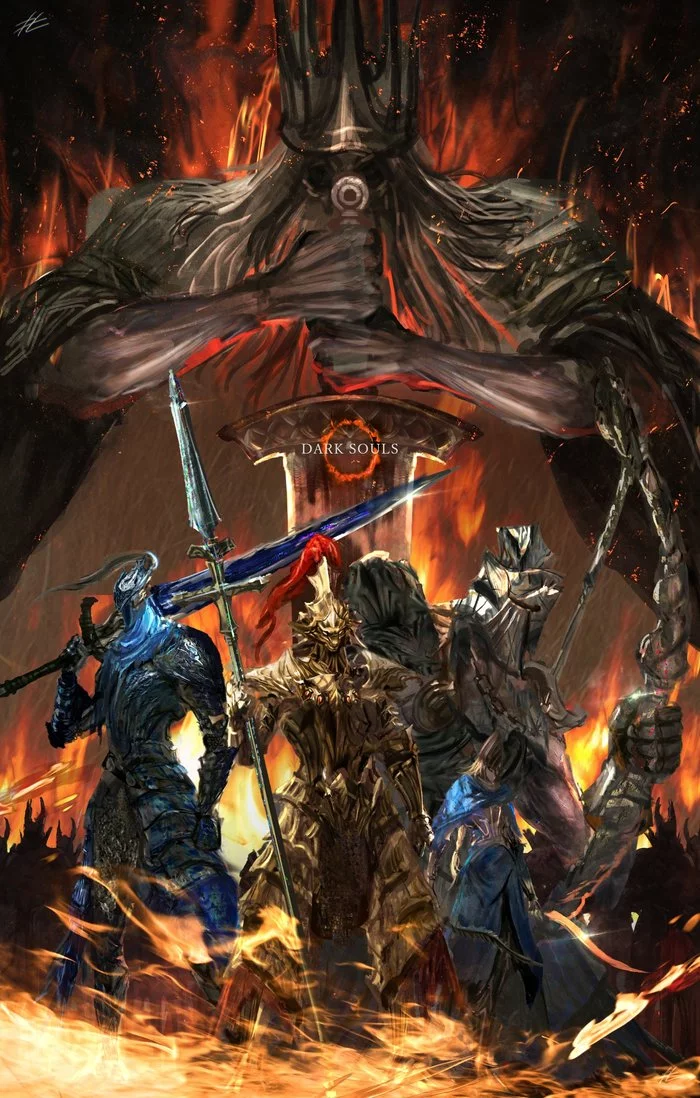Gwyn and his Knights - Drawing, Dark souls, Gwyn Lord of Cinder, Knight Artorias, Lords Blade Ciaran, , Dragon slayer ornstein, Art