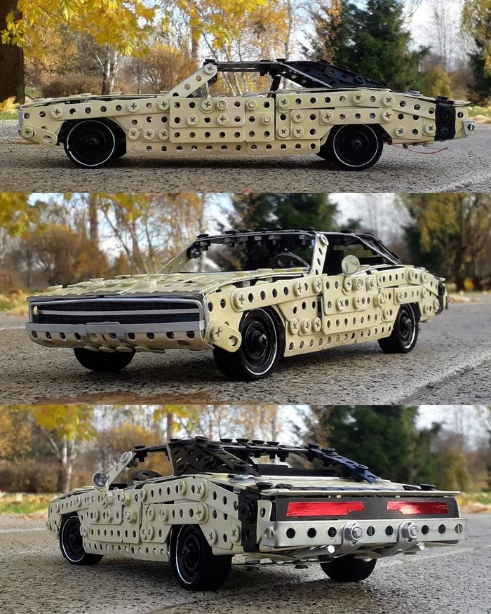 1970 Dodge Charger made of metal constructor, wire, rubber, leather and cardboard - My, Dodge charger, Dodge, Muscle car, Modeling, Constructor, Autumn, Scale model