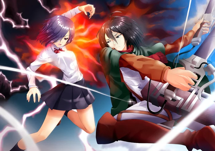 The outcome of the fight is clear - Anime art, Anime, Kirishima Touka, Mikasa Ackerman, Tokyo ghoul, Attack of the Titans