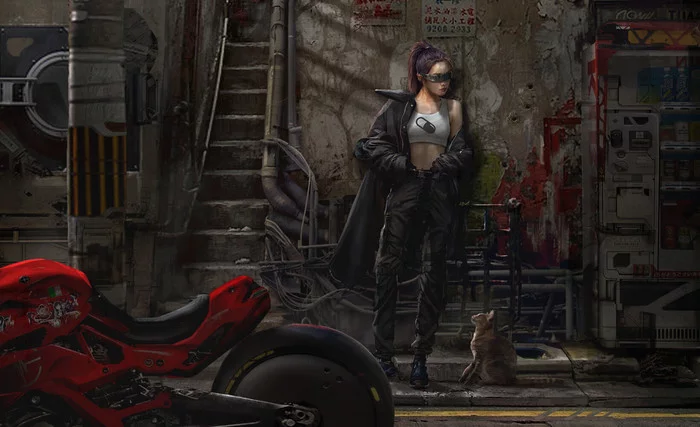 Grunge - Art, Images, Drawing, Digital drawing, Cyberpunk, Girls, cat, Eddie Mendoza