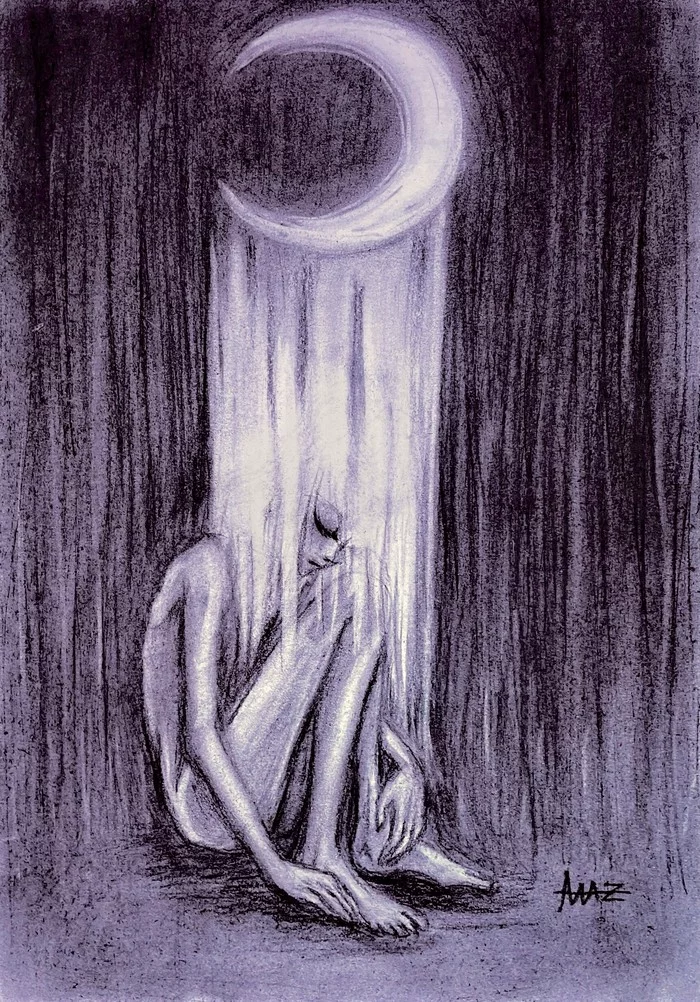 And what is left in me? .. Only moonbeams ... - My, Pain, Soul, Art, Charcoal drawing, Drawing, Art, Dark fantasy, Artist, , Painting, Monochrome, Poems, Inktober, moon, Sadness, Moonlight