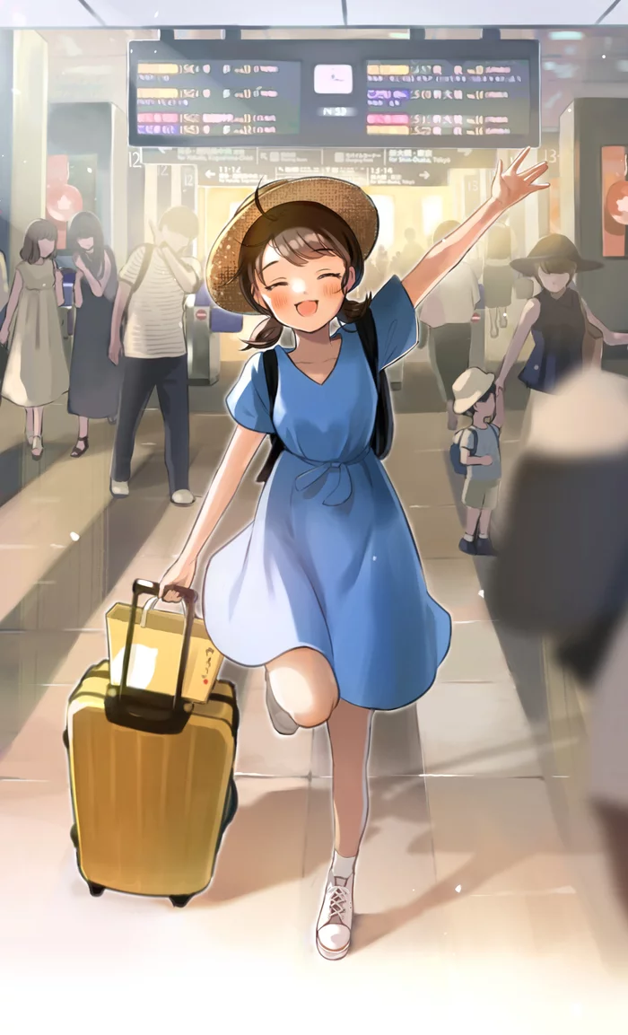 Hey! - Anime, Anime art, Anime original, Girls, Railway station, Meeting